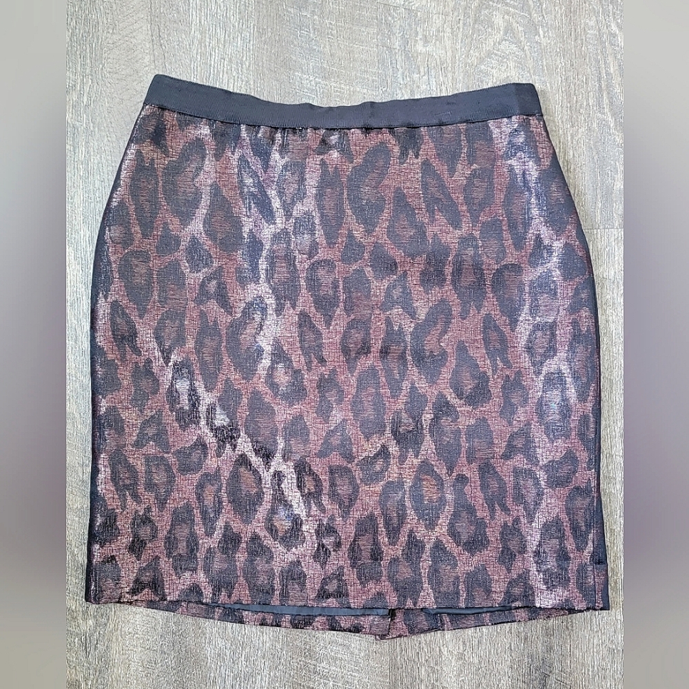 Ann Taylor Mini Skirt Women's 6 Bronze & Black Shimmer Leopard Print Lined